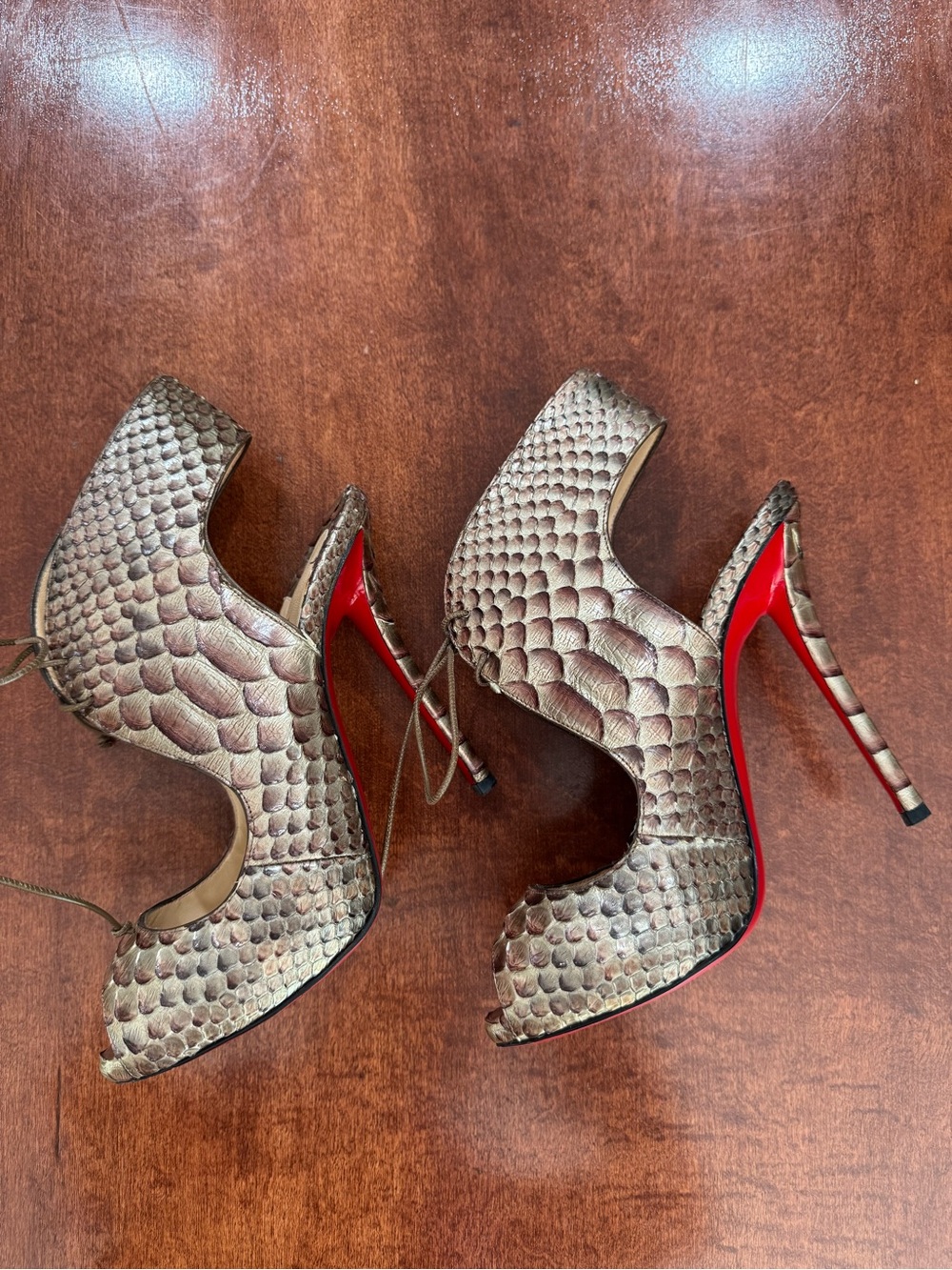 Christian Louboutin Beigy Gold Metallic Python Lace-Up Peep-Toe Pumps
